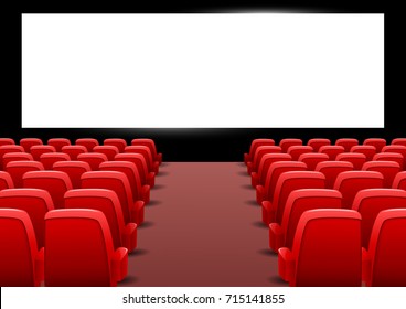 Cinema auditorium with red seats and blank screen. Vector illustration