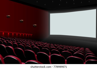 Cinema auditorium with red seats and white blank screen