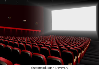 Cinema auditorium with red seats and white blank screen