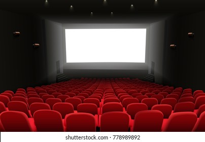 Cinema auditorium with red seats and white blank bright screen