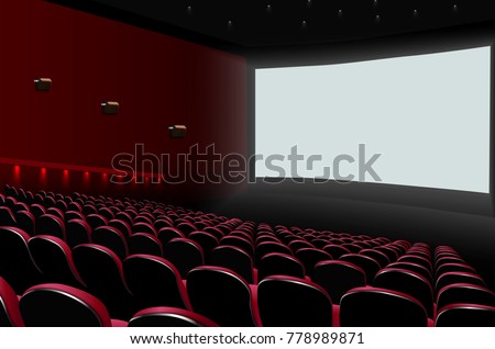 Cinema auditorium with red seats and white blank screen