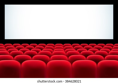 Cinema auditorium with rows of red seats and blank screen for your text - vector illustration