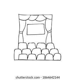 Cinema auditorium with screen and black seats. Doodle movie theater icon in vector. Hand drawn movie theater icon in vector. 