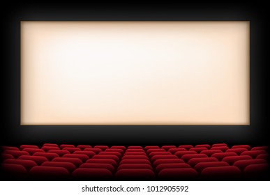 Cinema auditorium with screen and red seats. Vector.