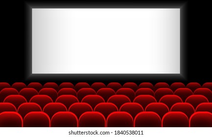 Cinema auditorium with screen and red seats. Vector on isolated white background. EPS 10