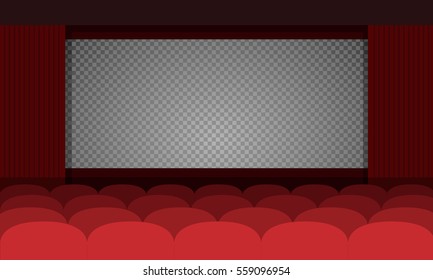 Cinema auditorium with screen and red seats. Vector.