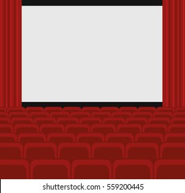 Cinema auditorium with screen and red seats. Vector.