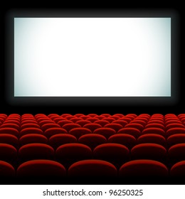 Cinema Auditorium With Screen And Red Seats. Vector.