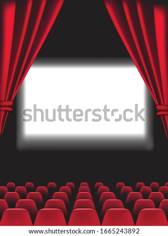 Cinema auditorium with screen and red seats. Vector.