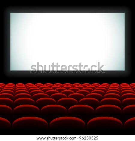 Cinema auditorium with screen and red seats. Vector.