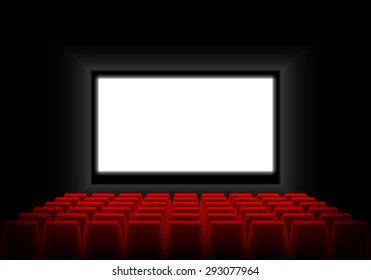 Cinema auditorium with screen and seats. Dark cinema auditorium with a luminous white blank screen. Vector illustration