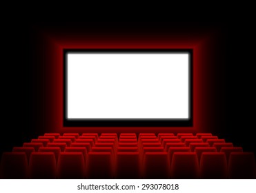 Cinema auditorium with screen and seats. Dark cinema auditorium with a luminous white blank screen. Vector illustration