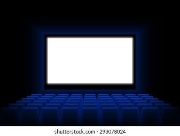 Cinema auditorium with screen and seats. Dark cinema auditorium with a luminous white blank screen. Vector illustration