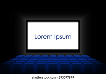 Cinema auditorium with screen, seats and spectators. Dark cinema with a luminous white screen and an example text. Vector illustration