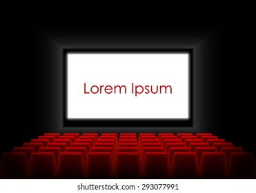 Cinema auditorium with screen, seats and spectators. Dark cinema with a luminous white screen and an example text. Vector illustration