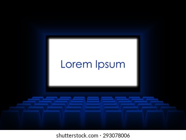 Cinema auditorium with screen, seats and spectators. Dark cinema with a luminous white screen and an example text. Vector illustration