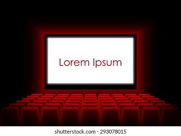 Cinema auditorium with screen, seats and spectators. Dark cinema with a luminous white screen and an example text. Vector illustration