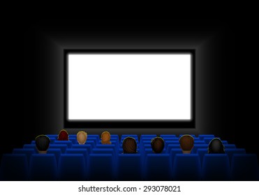 Cinema auditorium with screen, seats and spectators. Dark cinema with a luminous white screen and an example text. Vector illustration