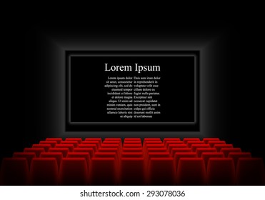 Cinema auditorium with screen, seats and spectators. Dark cinema with a luminous black screen and an example text. Vector illustration