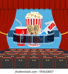 cinema auditorium with seats and transparent film, popcorn, drink in paper cup, 3d glasses, tickets on screen. flat style icons. vector illustration