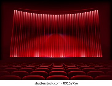 Cinema auditorium with stage curtain. Vector illustration.