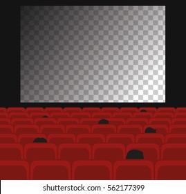 Cinema auditorium with transparent screen and red seats.
