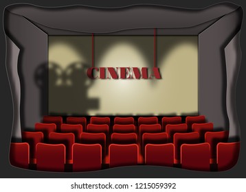 Cinema auditorium with white blank screen and red seats.