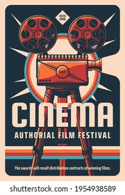 Cinema authorial films festival retro poster. Old cinema camera with reels on tripod, vintage typography engraved vector. Arthouse films festival promo banner, art conquest award ceremony invitation