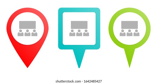 cinema, avatars, users, pin icon. Multicolor pin vector icon, diferent type map and navigation point.