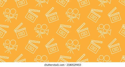 Cinema backdrop. Movie clapper and camera seamless pattern background design. Film clapper board and Projector Vector Illustration