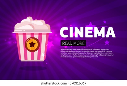 Cinema background or banner. Movie flyer or ticket template with popcorn