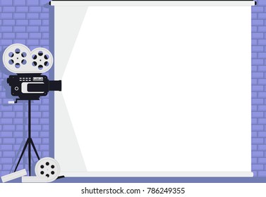 cinema background. cinema camera on white screen and brick wall background