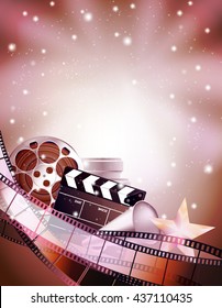 cinema background with clapper, star, film reels and strips. vector illustration