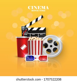 Cinema background concept, movie theater object on yellow  background, vector illustration