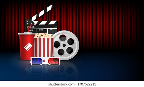 Cinema background concept, movie theater object on red curtain background, vector illustration