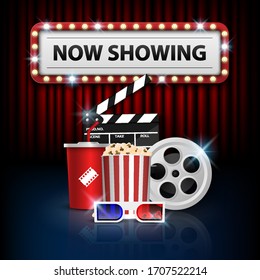 Cinema background concept, movie theater object on red curtain background and now showing with electric bulbs frame, vector illustration