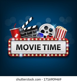 Cinema background concept, movie theater object on blue background and movie time with electric bulbs frame, vector illustration