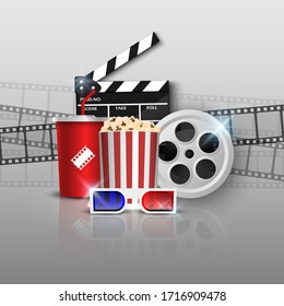 Cinema background concept, movie theater object on grey  background, vector illustration