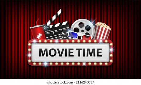 Cinema background concept, movie theater object on red curtain background and movie time with electric bulbs frame, vector illustration