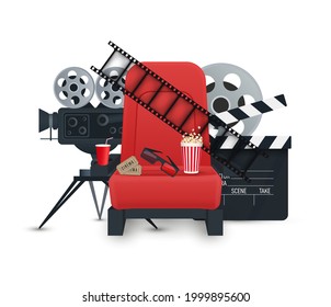 Cinema background. Film industry objects. Tickets, popcorn, film strip, 3d glasses, movie camera and seats.