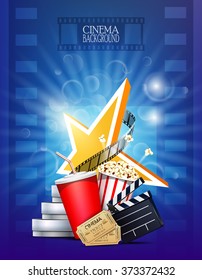 Cinema background with film reel, clapper, popcorn, tickets and star.