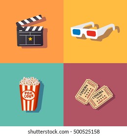 Cinema background with film reel, clapper, popcorn, 3D glasses, soda cup, cinema ticket