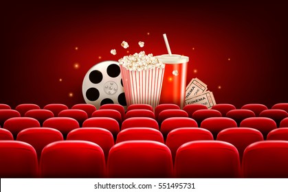 Cinema background with a film reel, popcorn, drink and tickets. Vector.