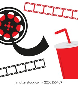 Cinema background, film stripes, soda cup, isolated vector illustration.