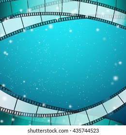 cinema background with film strips as frame over blue background with stripes and glittering particles. vector illustration