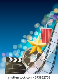 Cinema background with filmstrip, golden star, cup, clapperboard vector 