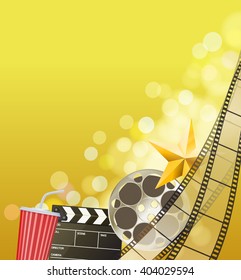 Cinema background with filmstrip, golden star, cup, clapperboard. vector 