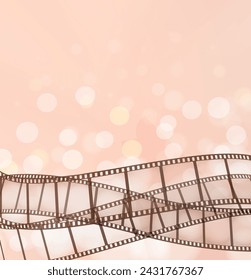 Cinema background with filmstrips. Light pale pink bokeh effect abstract background for photography, cinema, entertainment designs. Vector illustration