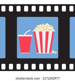 Cinema background with cinema icons set in flat design style. Vector illustration. Movie poster template.