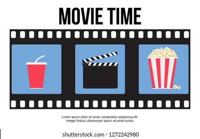 Cinema background with cinema icons set in flat design style. Vector illustration. Movie poster template.